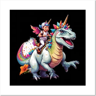 Boy Unicorn Riding Dinosaur, T-Rex Funny Unicorns Party Rainbow Squad Gifts for Kids Boys Girls Posters and Art